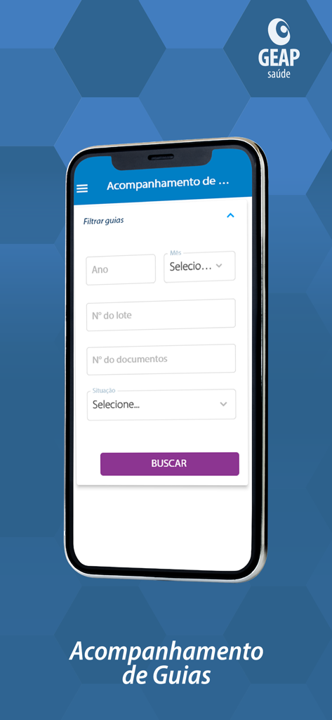GEAP Prestador - GEAP Prestador app interface for tracking medical guides with search filters