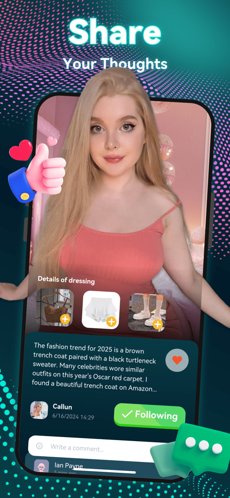Ein Screenshot der Outfy-App, der das Profil einer Frau mit Details zur Modekleidung und einer Social-Sharing-Oberfläche zeigt.