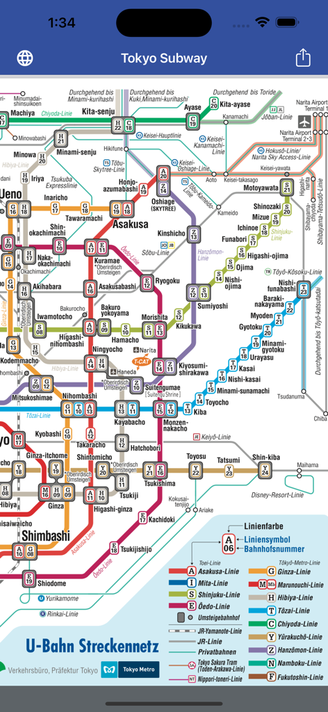Tokyo Subway Map OFFLINE - Una vista móvil detallada del mapa del metro de Tokio con líneas codificadas por colores y códigos de estación