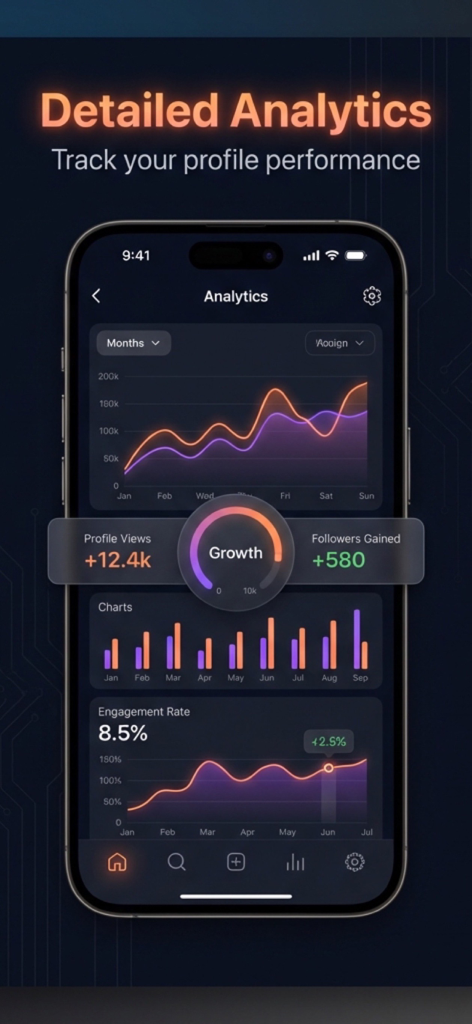 IG Unfollow: Reports & Tracker - Instagram profile analytics dashboard showing growth charts and engagement rates in a dark mode interface.