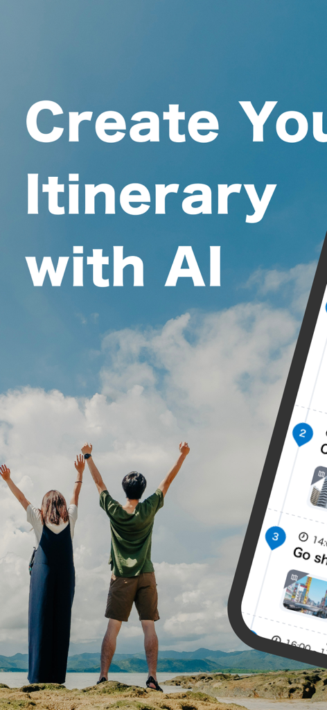 AVA Travel : AI Trip Planner - Due viaggiatori con le braccia alzate accanto a uno smartphone che mostra un itinerario di viaggio generato dall'IA