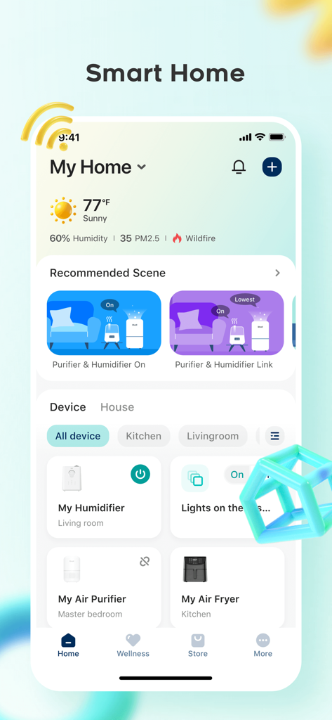 VeSync - VeSync app smart home interface showing connected devices like air purifier humidifier and air fryer