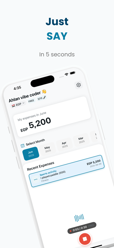 iPhone screenshot of the Say app showing voice-activated expense tracking and a monthly budget summary