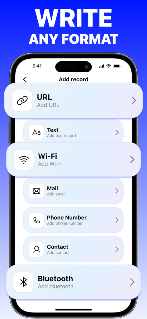 NFC reader and writer app interface displaying options to write records like URL Wi-Fi and contacts to NFC tags