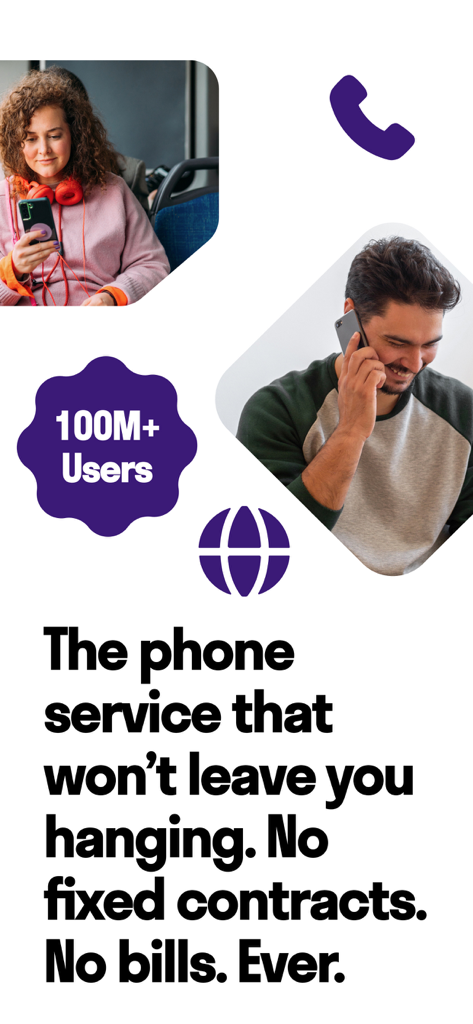 TextNow promotional image featuring users and text advertising no bills and over 100 million users