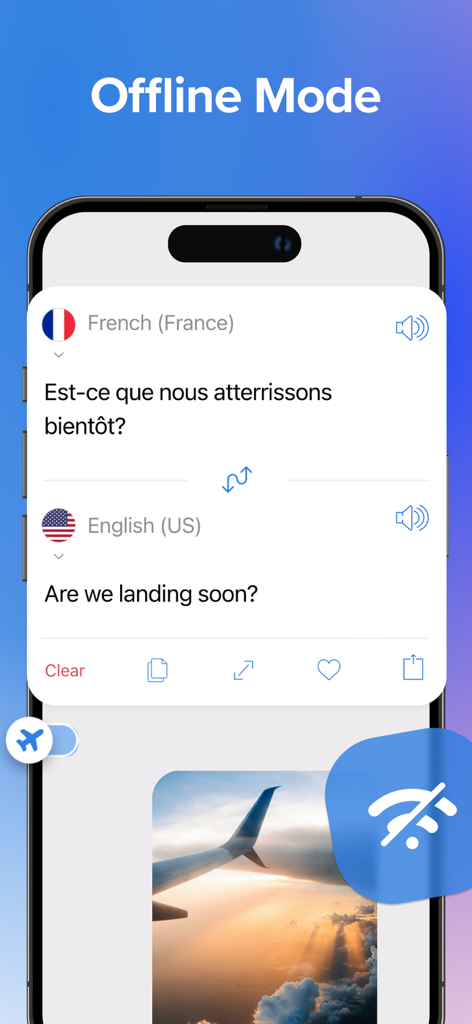 Screenshot of Talk and Translate app showing offline translation from French to English in airplane mode.
