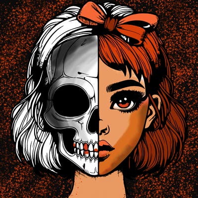 realistic girl with half skull mask