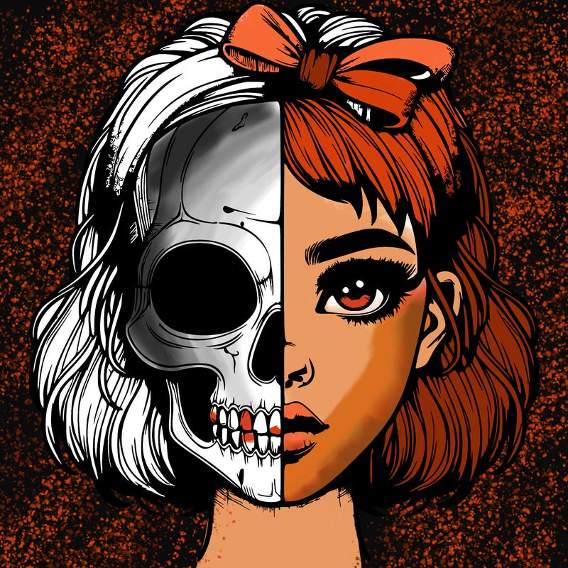 realistic girl with half skull mask