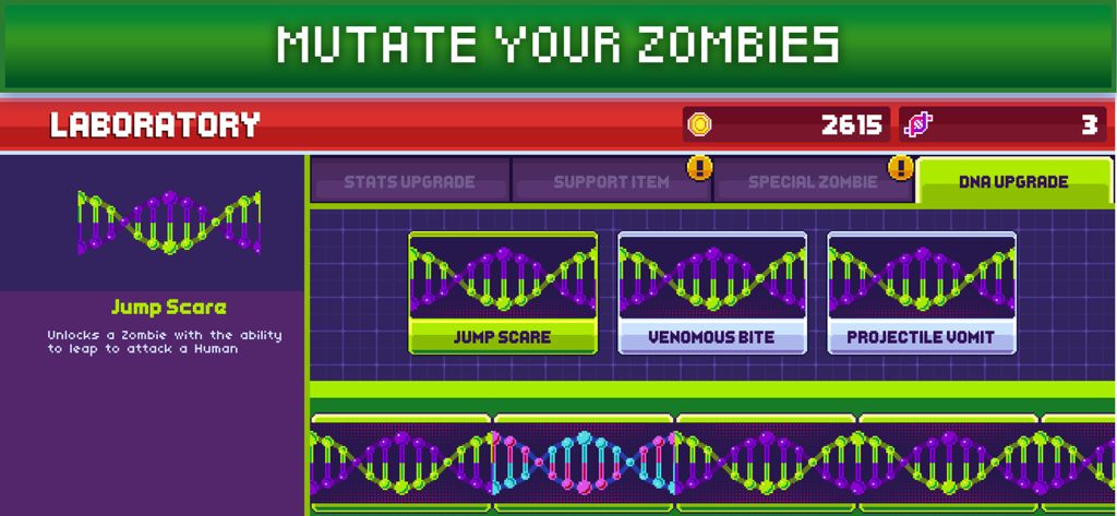 Écran de laboratoire dans Infectonator 3 montrant les améliorations de mutation d'ADN pour les zombies.