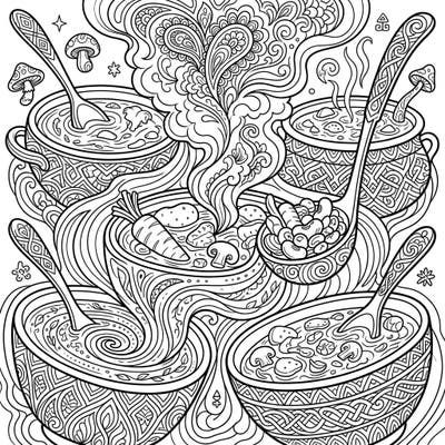 Get ready for a unique culinary journey with our Psychedelic Soups & Stews coloring page. This intricate design blends comforting food with surreal, swirling patterns for an unforgettable artistic experience.