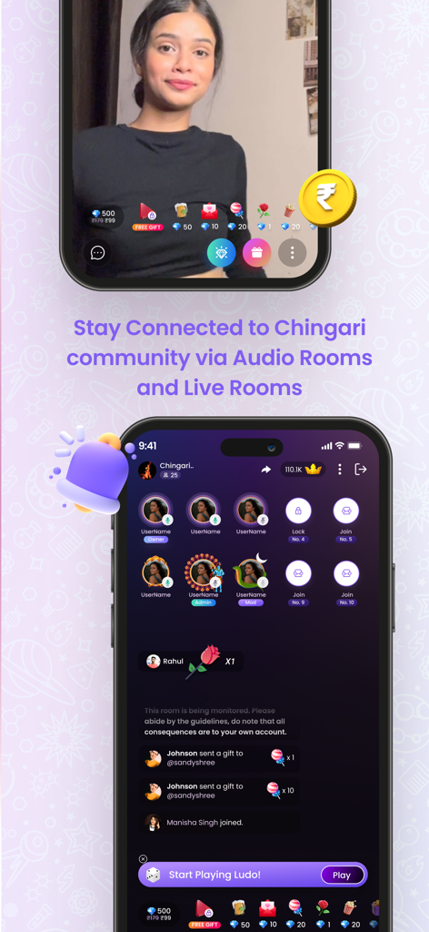 Screenshots of the Chingari app interface showcasing live video streaming and interactive audio chat rooms with virtual gifting.