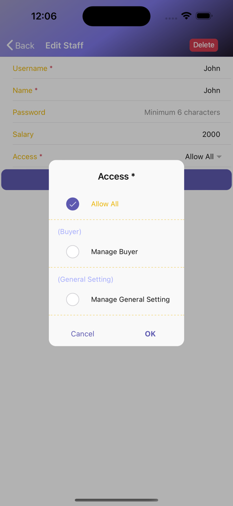 Ez POS - Online Cashier App - Staff access permissions settings screen in the Ez POS app.