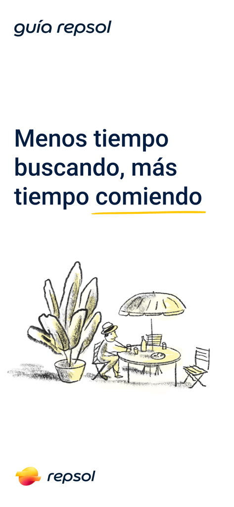 Ilustración de una persona cenando al aire libre con el logo de Guía Repsol y texto en español sobre cómo encontrar restaurantes más rápido