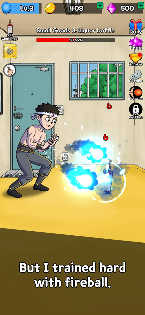 A martial arts character shooting blue fireballs at a liquor bottle in The Legend of Fireball mobile game