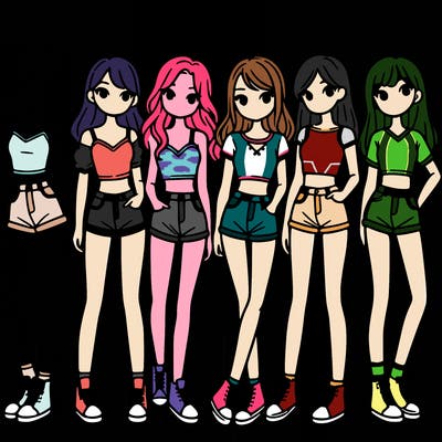 a group of girls wearing crop tops and shorts