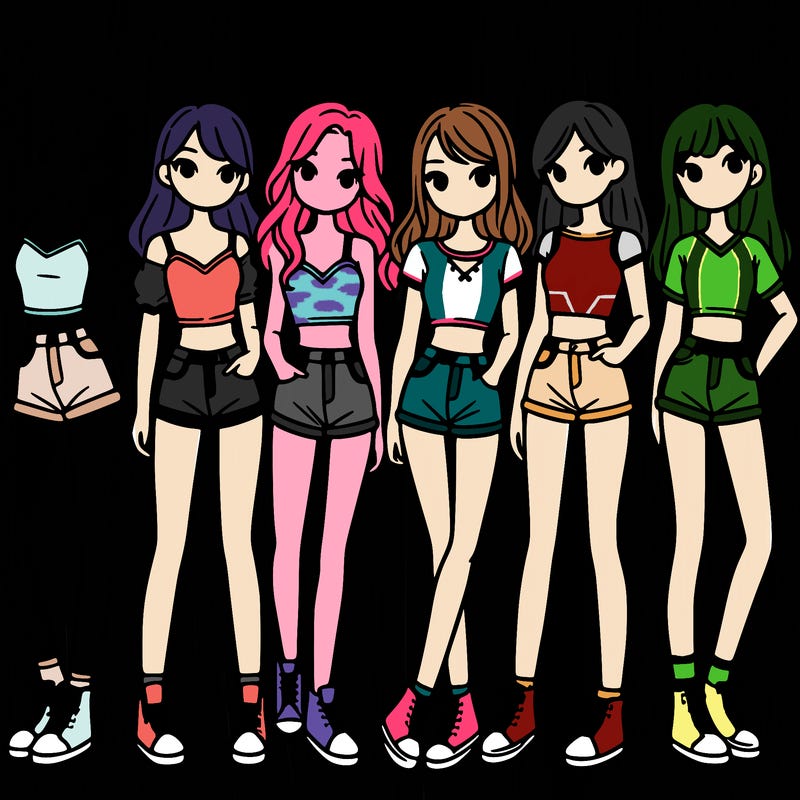 a group of girls wearing crop tops and shorts