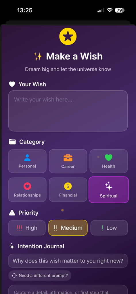11:11 - Make a Wish - A purple interface showing a make a wish form with categories for personal career and spiritual goals