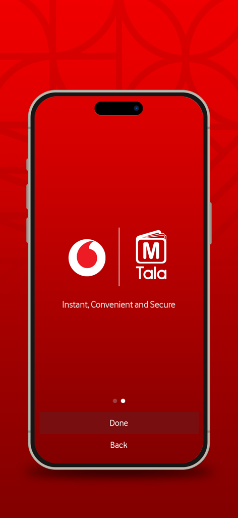 M-Tala - Pantalla de bienvenida de la aplicación móvil M-Tala con el logotipo de Vodafone y el icono de la billetera sobre un fondo rojo