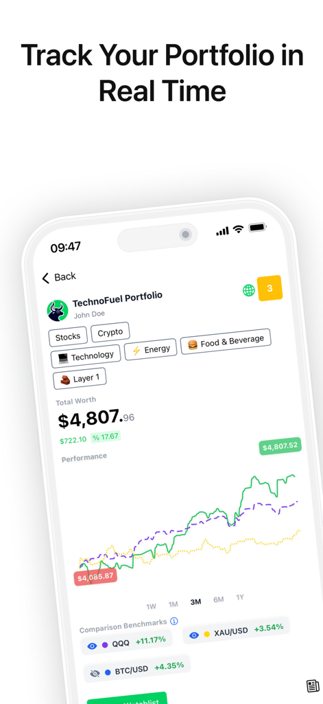 StockGenius: AI Portfolio - StockGenius mobile app screen displaying real time portfolio tracking and stock benchmarks