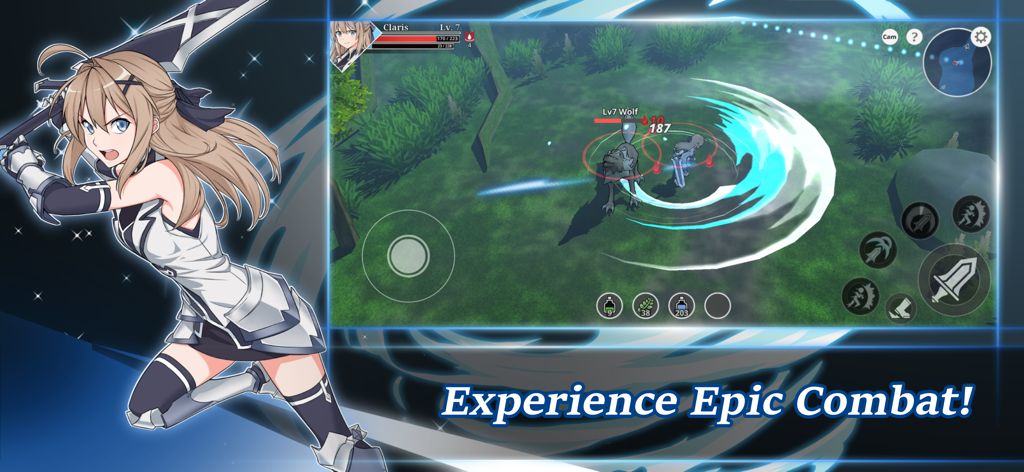 Epic Conquest 2 - Gameplay de RPG de ação em anime em Epic Conquest 2 mostrando combate com espada contra inimigos.