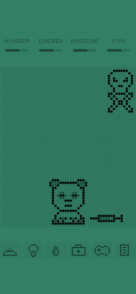 Pixel art interface of Wildagotchi virtual pet showing a sick panda character on a green screen