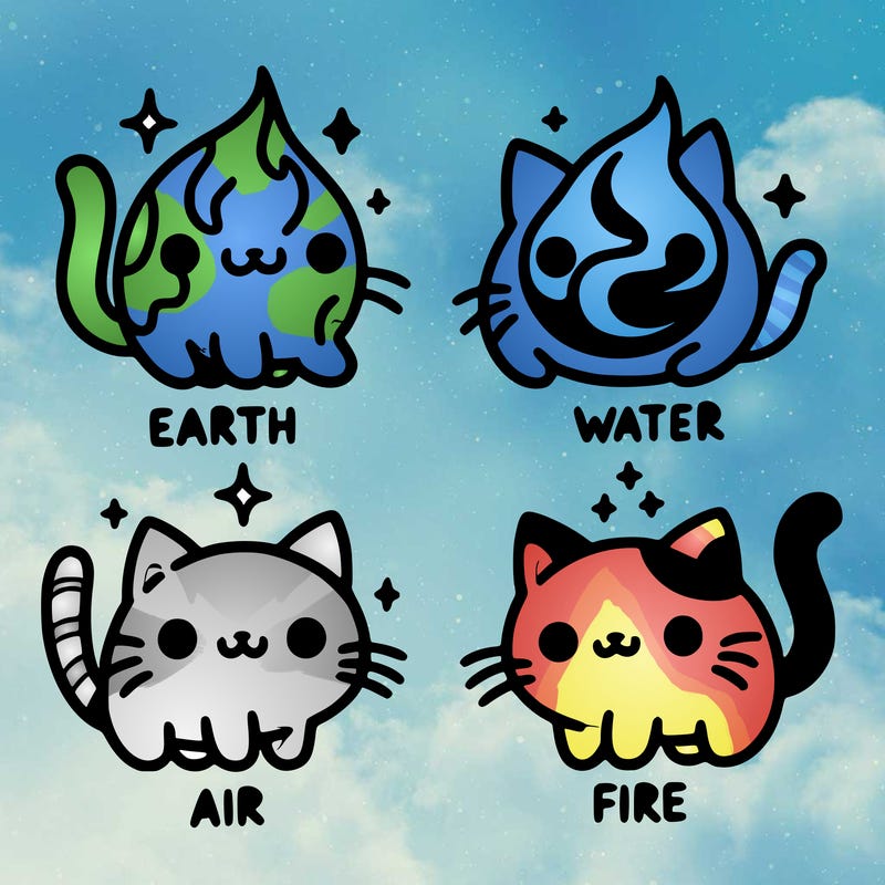 4 cats that represent the different elements, earth, water, air, and fire