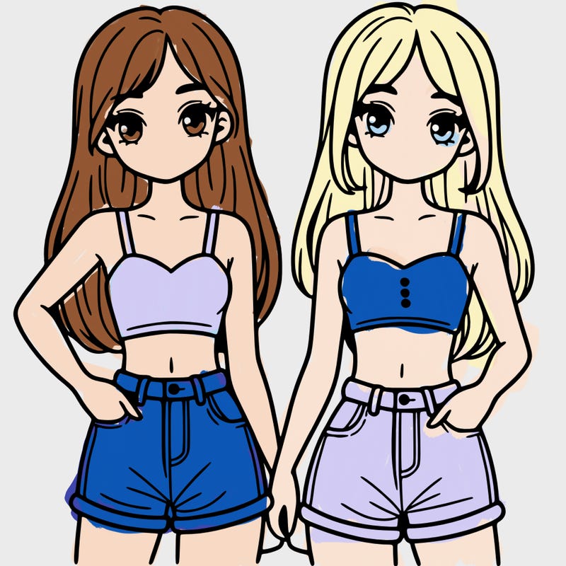 two sisters with crop tops and jean shorts and straight hair