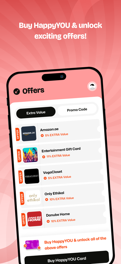 Una pantalla móvil que muestra varias ofertas de tarjetas de regalo y descuentos para marcas internacionales.