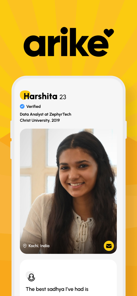 Profile view of a verified user on the Arike dating app for Malayalis