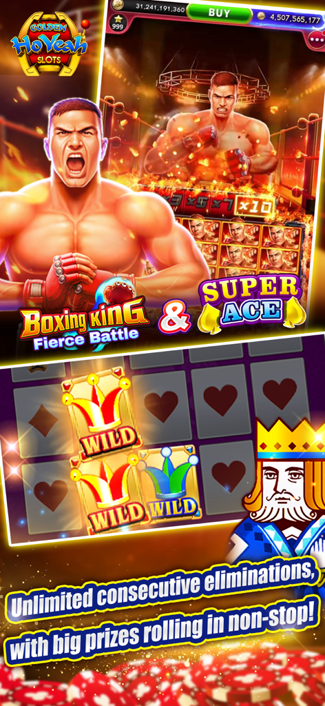 Captura de pantalla de los juegos de tragamonedas Boxing King y Super Ace en la aplicación GoldenHoYeah Slots con un personaje de boxeador y tragamonedas con temática de cartas con símbolos comodín.