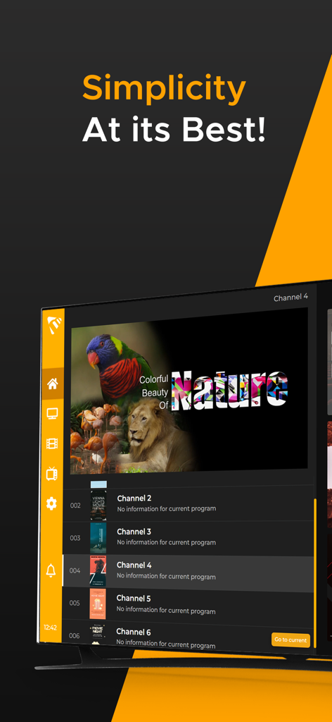 Interfaz IPTV de Max Player en Apple TV mostrando una lista de canales limpia y un documental sobre la naturaleza