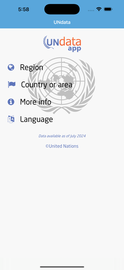 La pantalla de inicio de la aplicación móvil UNdata muestra el menú de navegación principal con opciones para Región, País, Más información e Idioma.