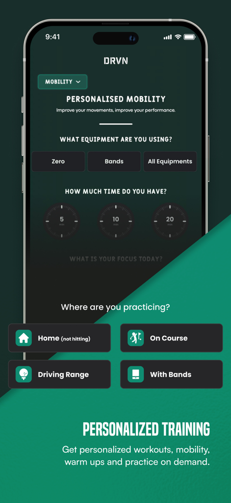 Interface of the DRVN app showing personalized mobility options with equipment selection and time duration settings.