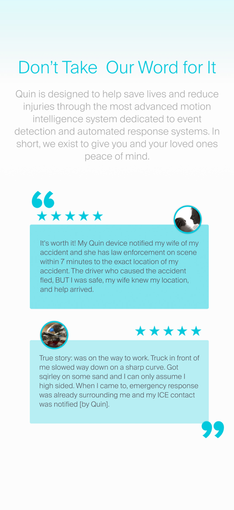 Quin Within - A screen displaying real user testimonials and 5-star ratings for the Quin Within app's crash detection and emergency notification features.