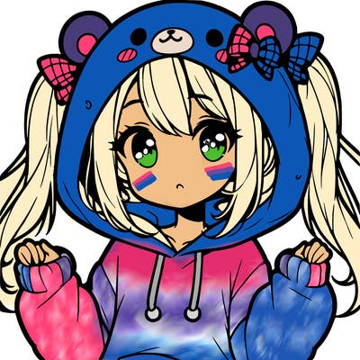 cute anime girl with ponytails and a cute bear hoodie
