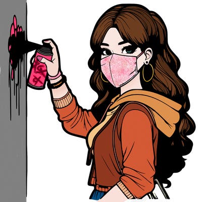 realistic girl with mask spray painting a wall