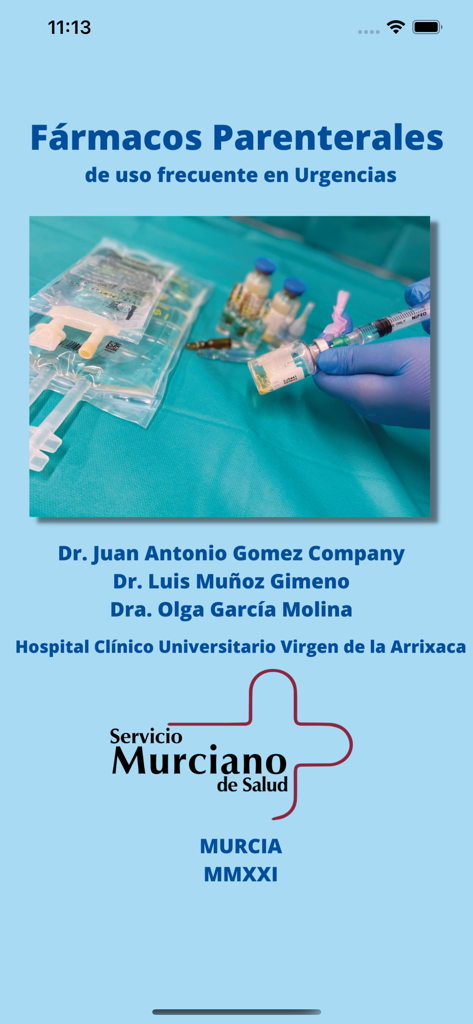 Écran de démarrage de l'application Fármacos Parenterales affichant la préparation de médicaments IV par un professionnel de la santé.