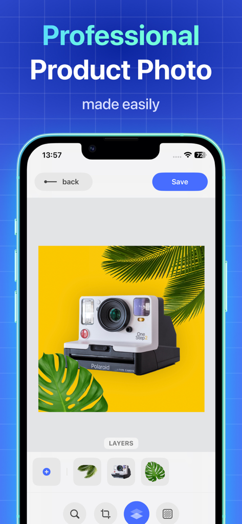 Background Remover - PNG Maker - Mobile app interface for editing professional product photos with background and layers