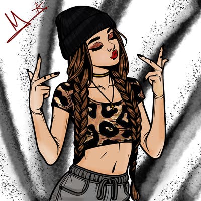 realistic teenage girl with braids and a beanie and crop top doing 🫶🏼