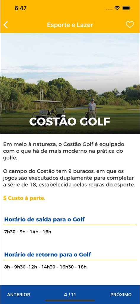 Tela do aplicativo móvel do Costao Santinho Resort exibindo detalhes da instalação de golfe e cronogramas de atividades