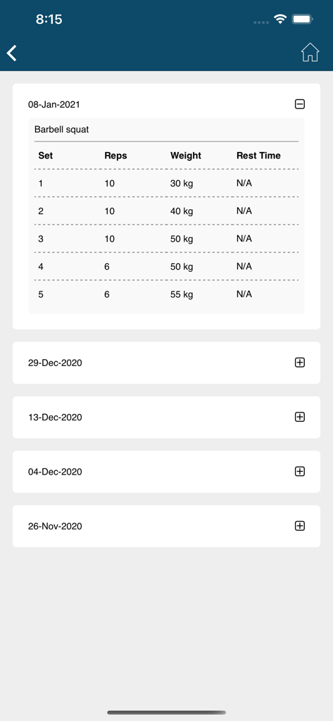 NeoFit - NeoFit app screen displaying a workout log with barbell squat sets and historical training dates