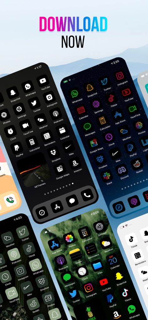 Themes - Icons App & Widget - Colección de temas estéticos para pantalla de inicio de iOS que incluyen paquetes de iconos de neón oscuro y minimalistas