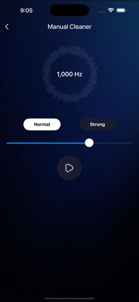 Speaker Cleaner: Boost Volume - Interface of the Speaker Cleaner app showing manual frequency control at 1000 Hz with normal and strong mode options