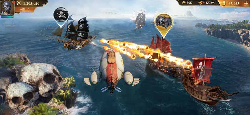 Una batalla naval cinemática entre barcos piratas y una aeronave steampunk en Guns of Glory Lost Island.