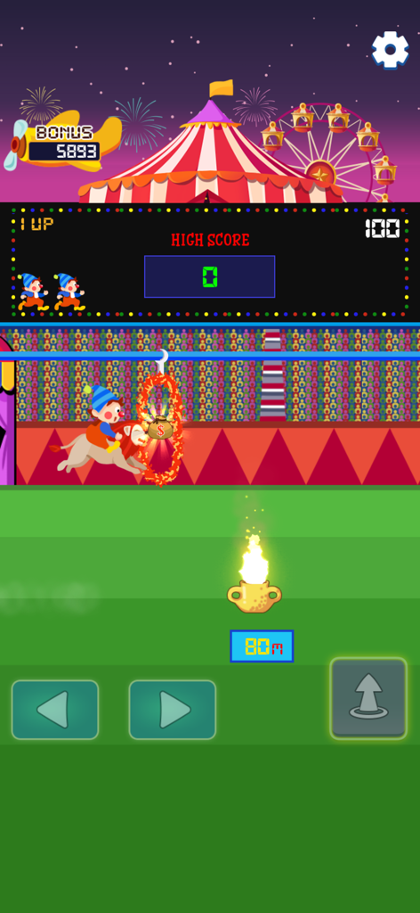 Gameplay eines Clowns, der auf einem Löwen durch einen Flammenring springt, in einer Retro-Zirkus-Umgebung