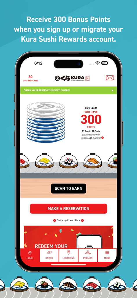 Kura Sushi Rewards - La pantalla de inicio de la aplicación Kura Sushi Rewards que muestra un contador de puntos y un gráfico de cinta de sushi giratoria.