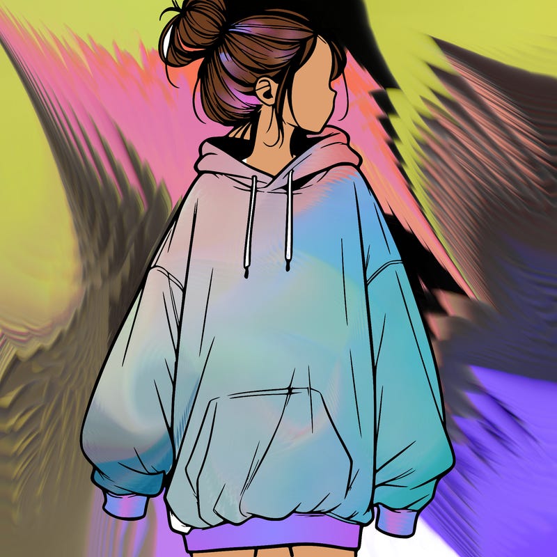 realistic girl with a oversized sweatshirt on and a bun