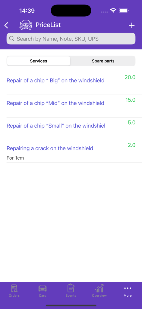 Lista de precios de servicios en la aplicación Auto Repair mostrando los costos de reparación de parabrisas