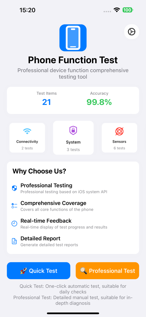Phone Diagnostics Expert - Phone Diagnostics Expert home screen showing test categories and quick test options