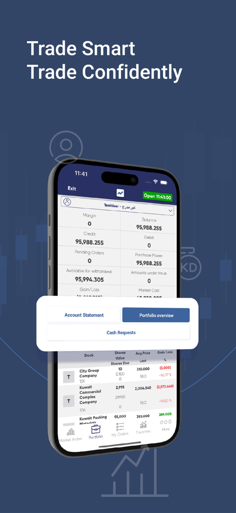 Almowazi Capital - Pantalla de smartphone que muestra el resumen de cartera de Almowazi Capital con saldos de cuenta y lista de acciones kuwaitíes.